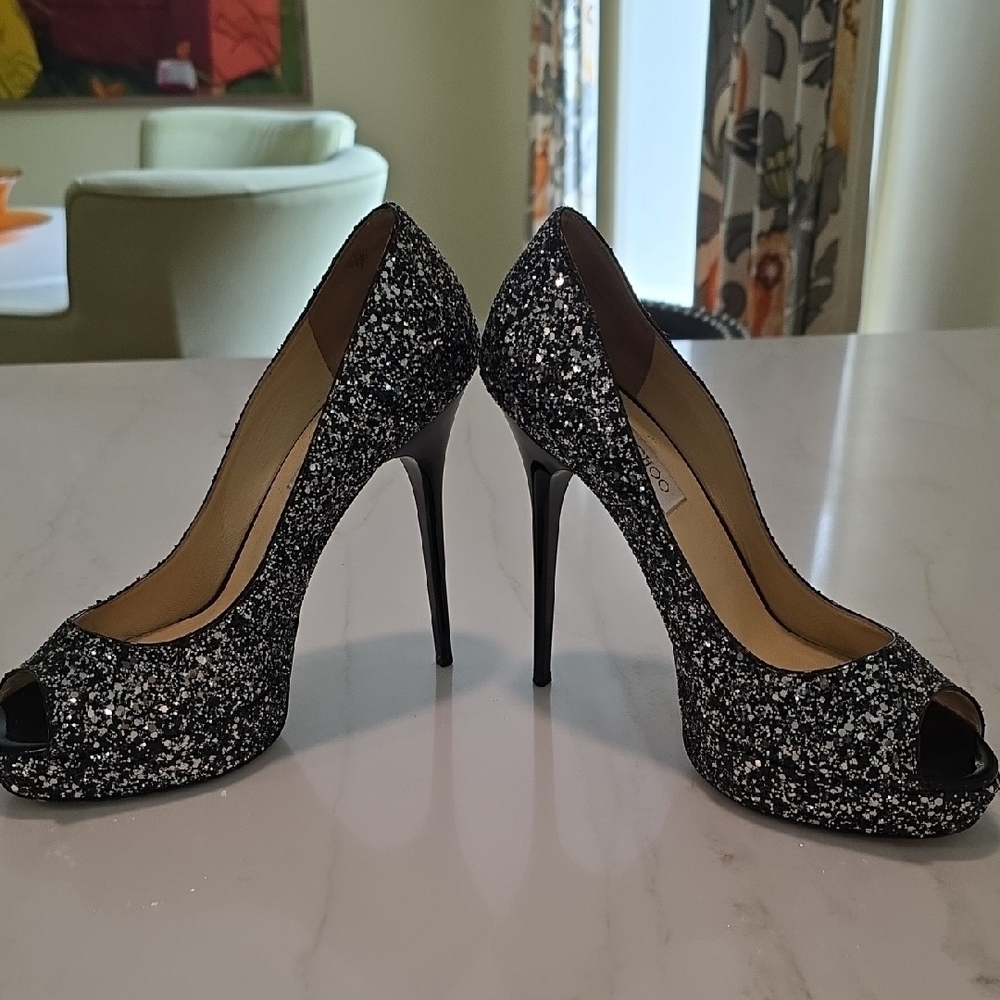 Jimmy Choo Black Glitter Peep-Toe Heels. EUC